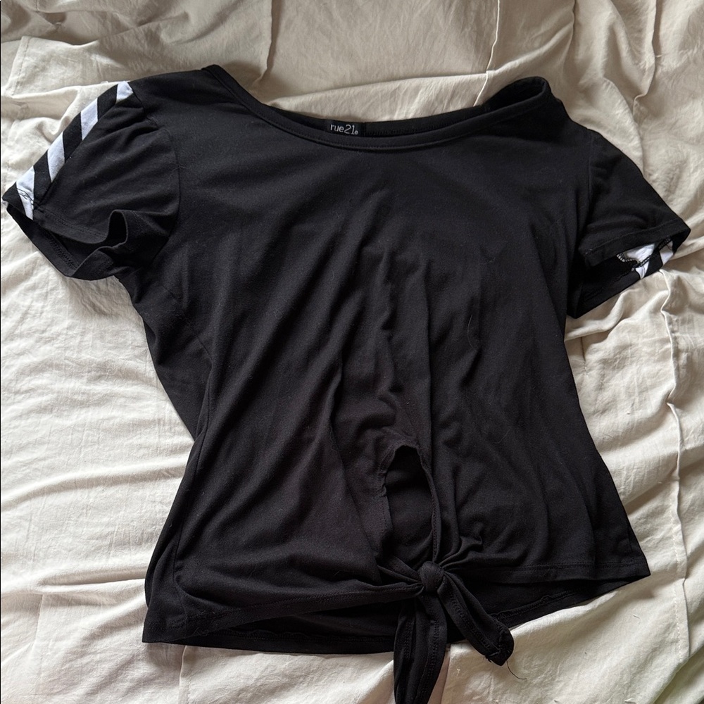 Rue21 Black Tie-Front Tee with White Accents